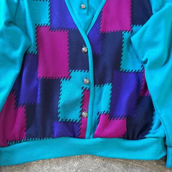 Vintage Alfred Dunner Cardigan Sweater Womens L Green Blue Button Up Cottage - Picture 3 of 8